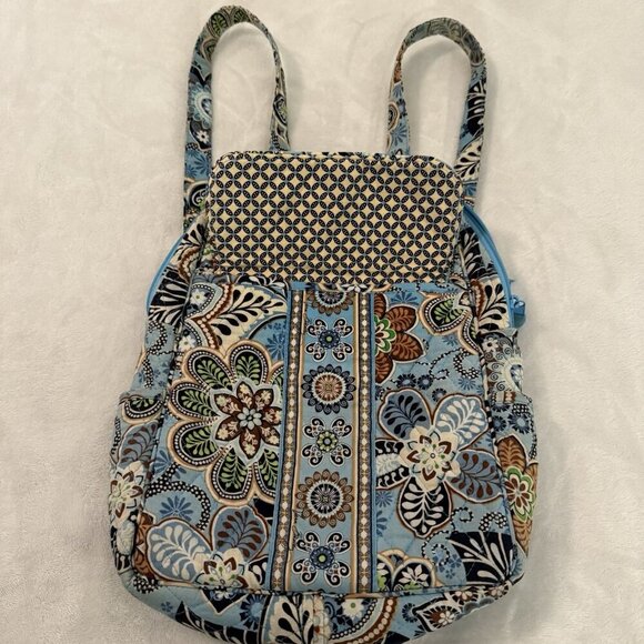 Vera Bradley Quilted Small Backpack Magnetic Front Flap Blue Brown Floral Design - Picture 8 of 9
